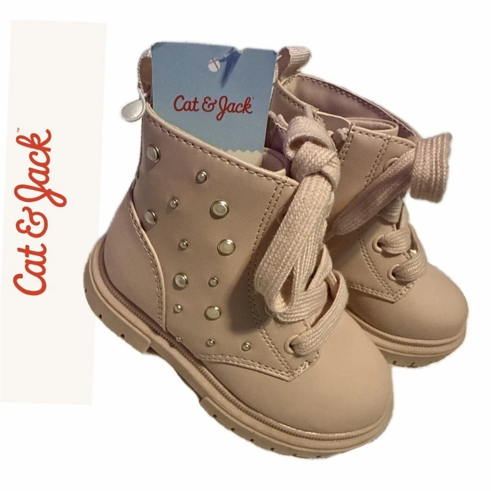 Cat & Jack Kids' Combat Boots Studded‎ Pink Girl Sz 7 Toddler Lace up   Coquette